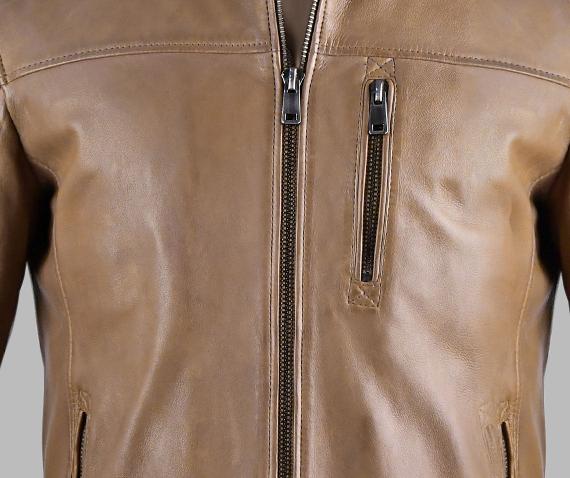 Mens Tan Brown Leather Biker Jacket