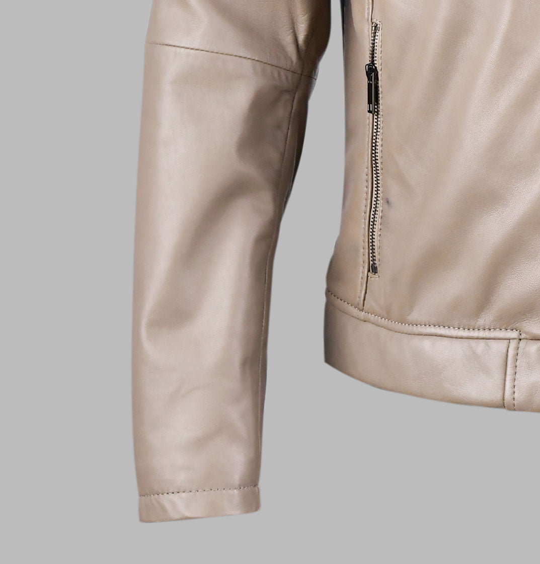 Mens Beige Leather Biker Jacket