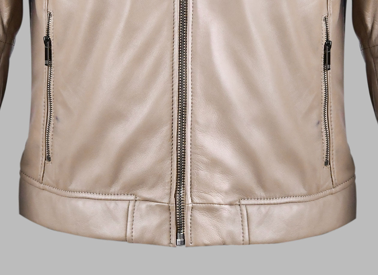 Mens Beige Leather Biker Jacket