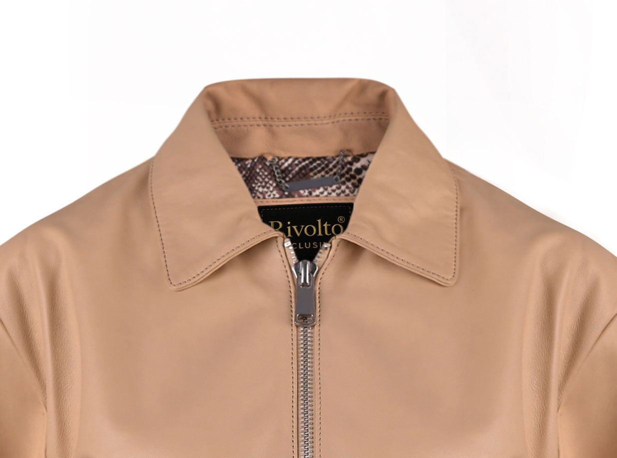 Beige Women Classic Biker Leather Jacket