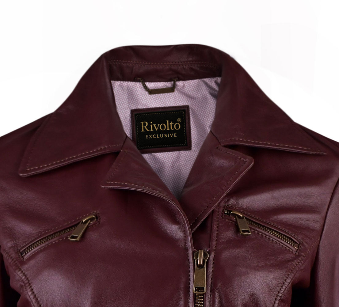 Burgundy Long Fashion Leather Jacket For Womens