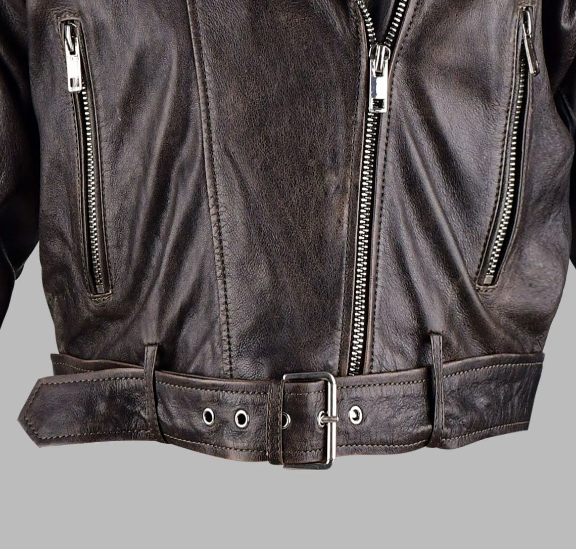 Women Brown Distressed Leather Biker Jacket