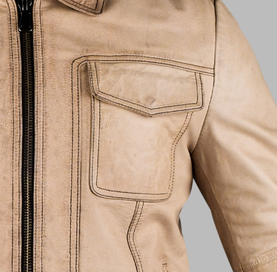 Beige Biker Leather Jacket For Men