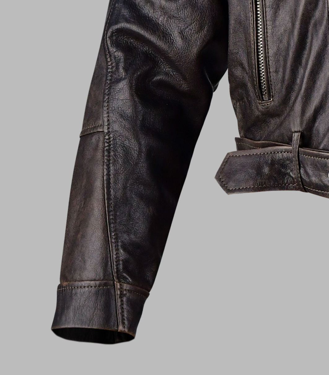 Women Brown Distressed Leather Biker Jacket