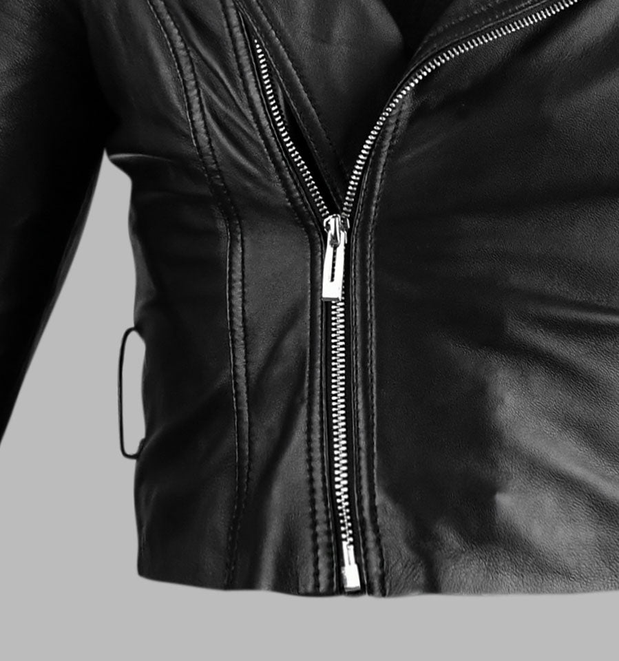 Black Cropped Leather Biker Jacket For Women