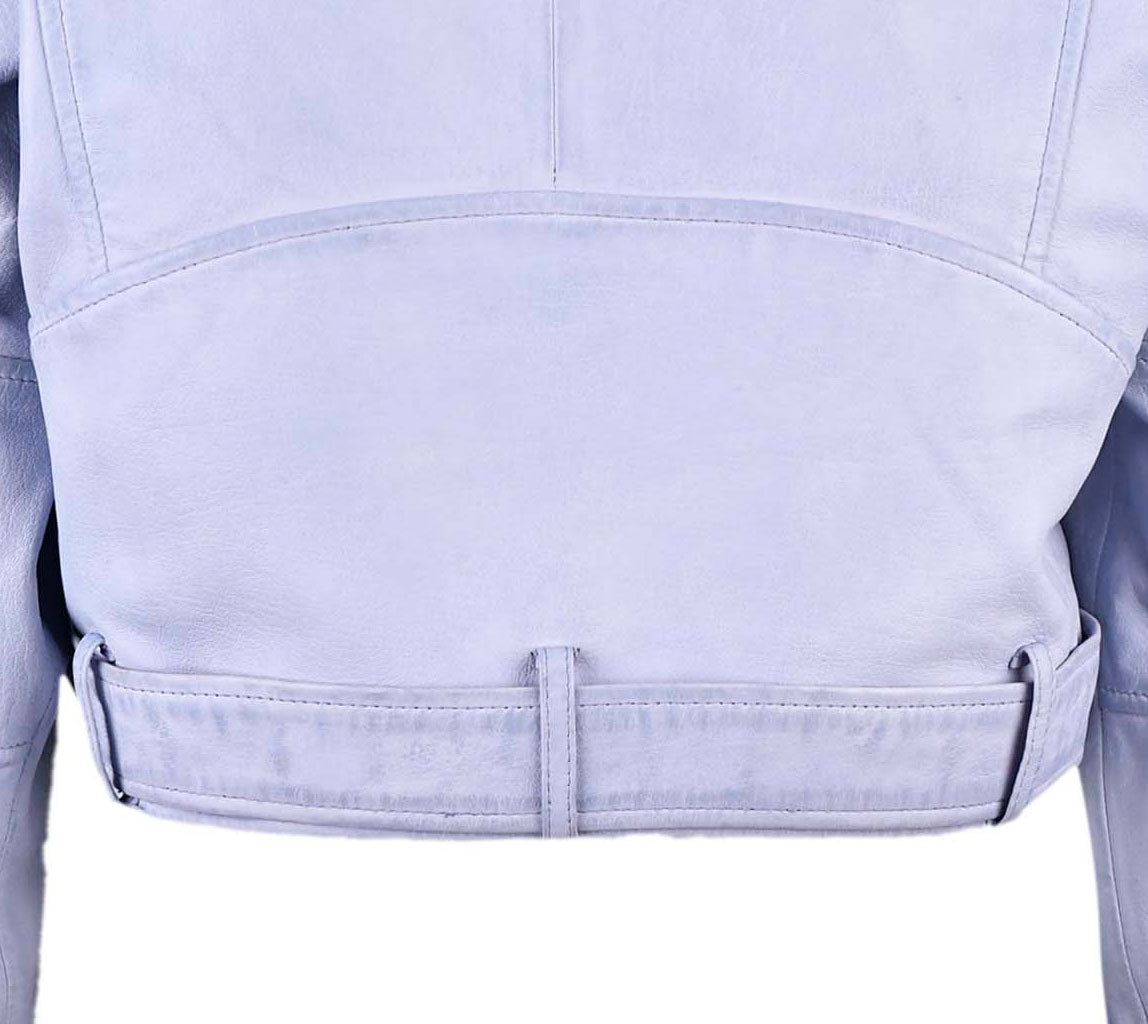 Women Blue Cropped Biker Leather Jacket