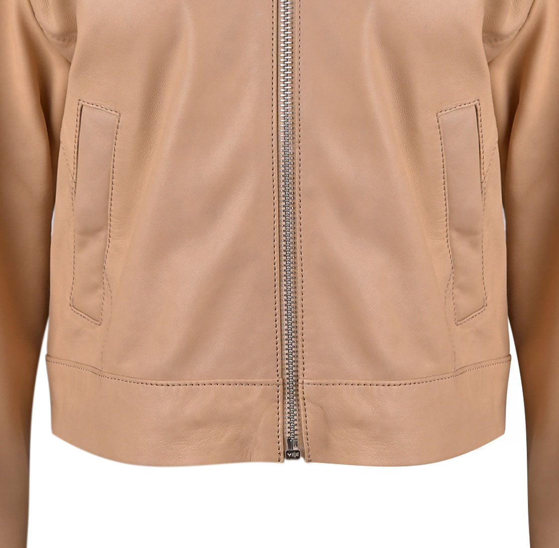 Beige Women Classic Biker Leather Jacket