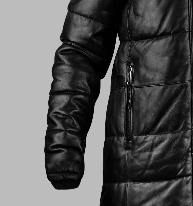 Frosted Hooded Leather Puffer Jacket - Winter Jacket