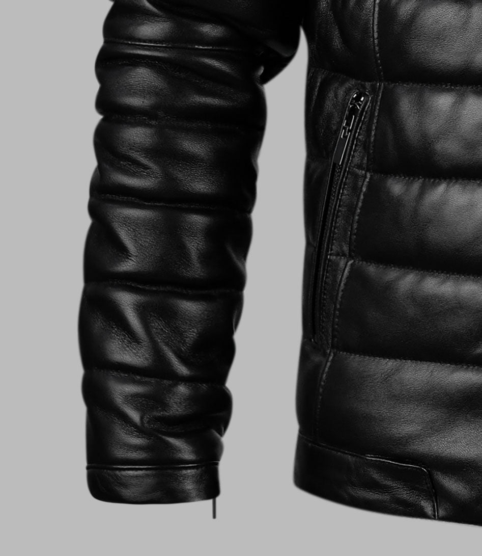 Black Puffer Motorcycle Leather Jacket