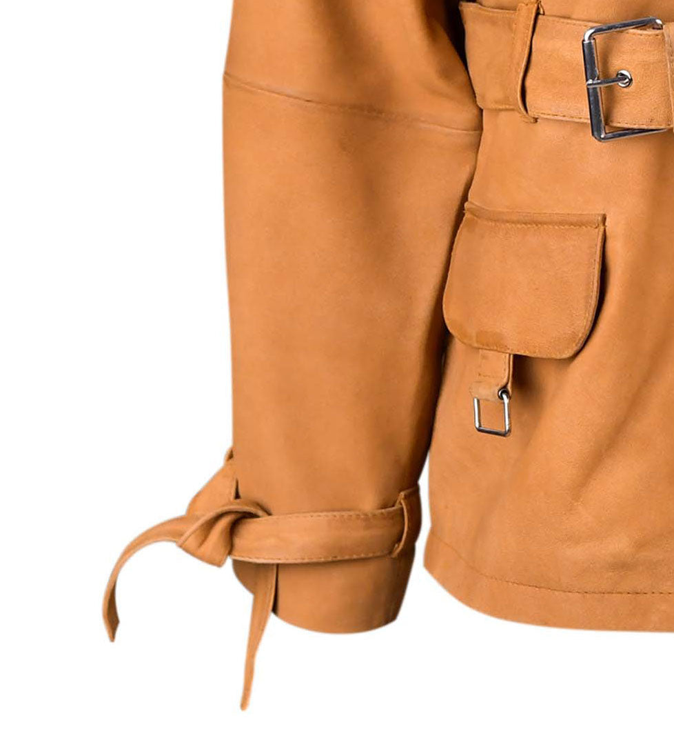 Tan Brown Leather Trench Coat For Women