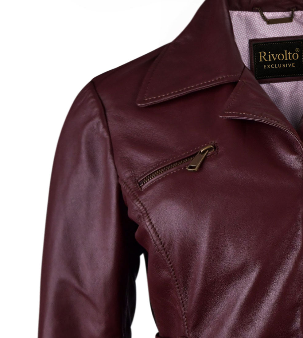 Burgundy Long Fashion Leather Jacket For Womens