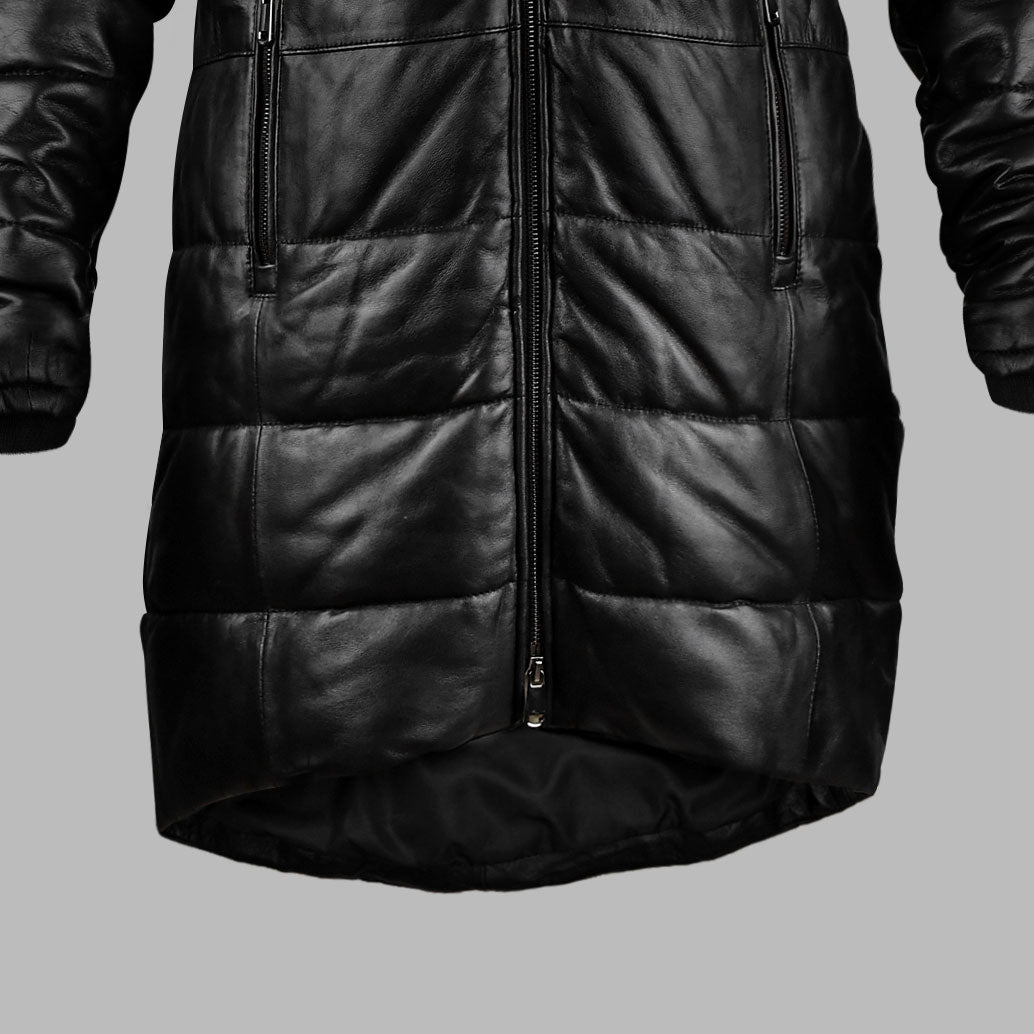 Frosted Hooded Leather Puffer Jacket - Winter Jacket