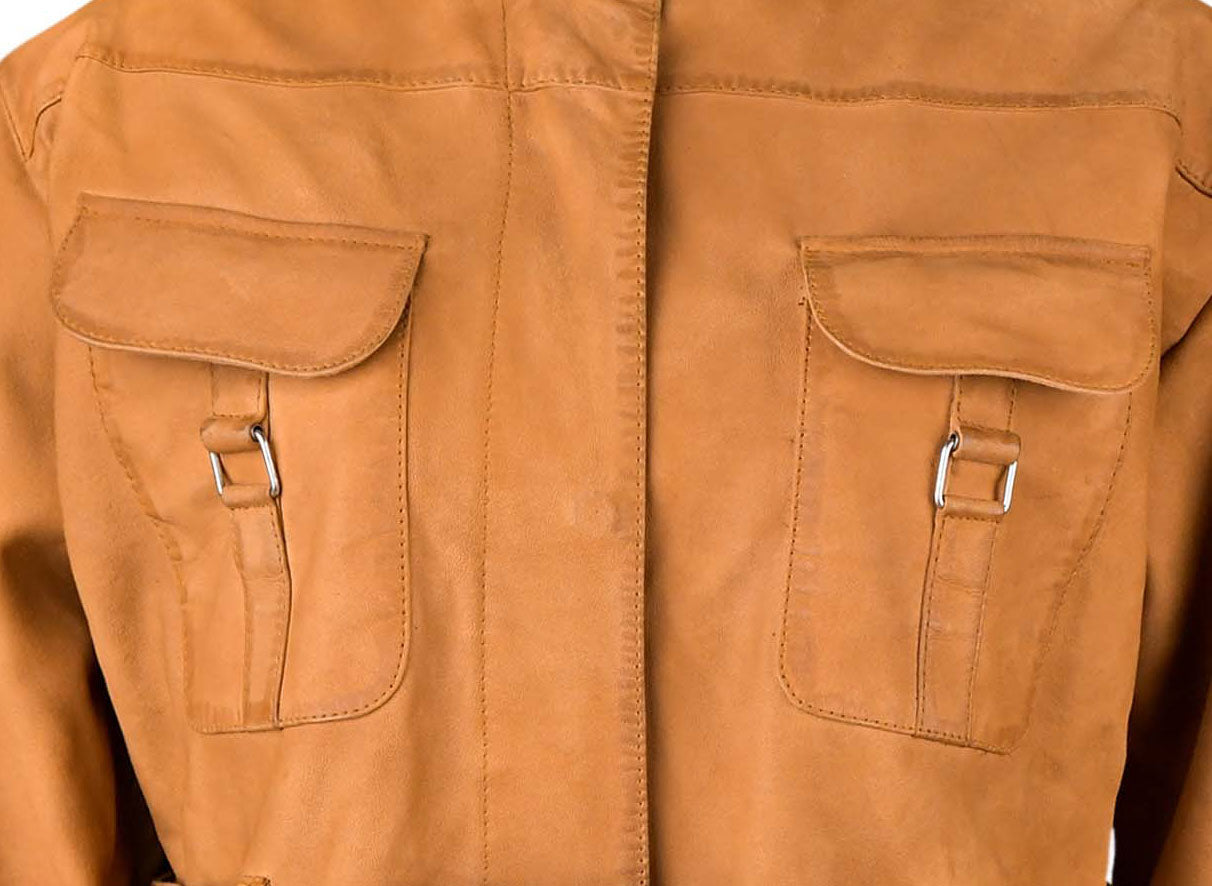 Tan Brown Leather Trench Coat For Women