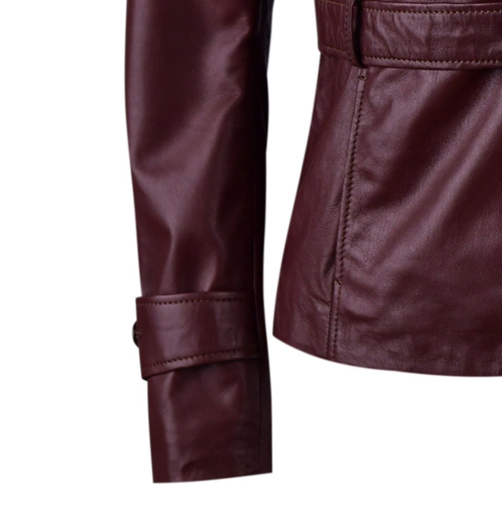 Burgundy Long Fashion Leather Jacket For Womens
