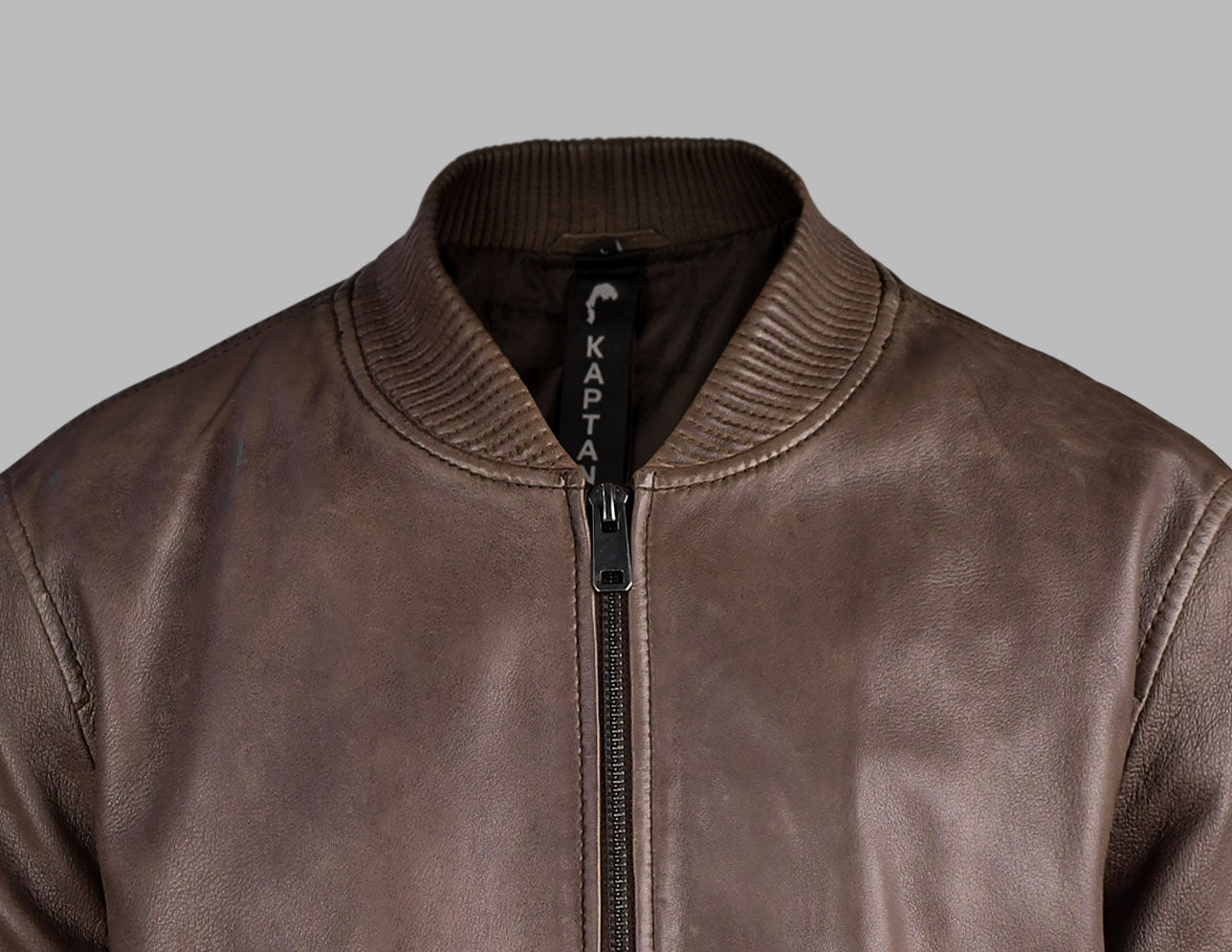 Brown Leather Bomber Jacket For Men