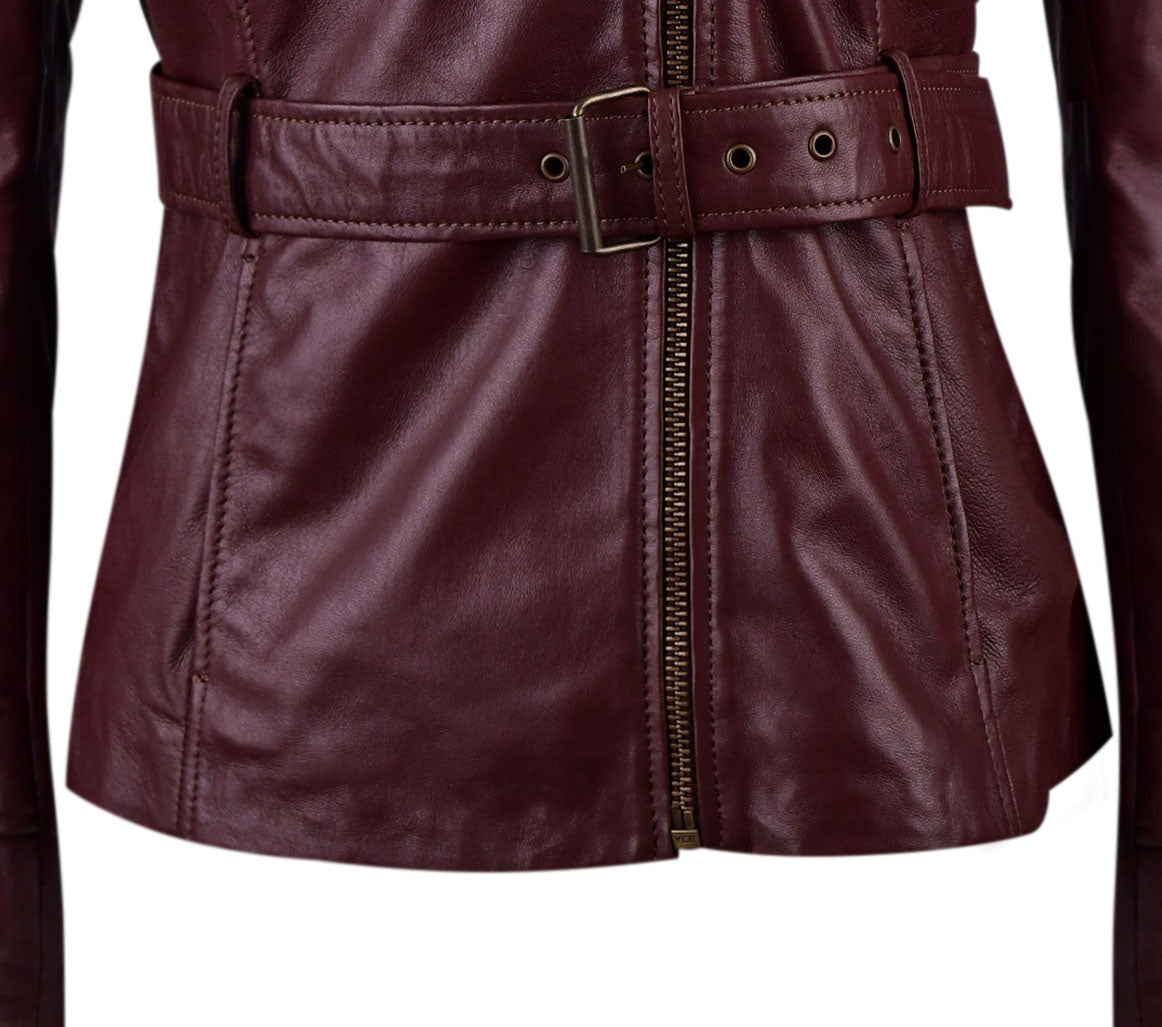 Burgundy Long Fashion Leather Jacket For Womens