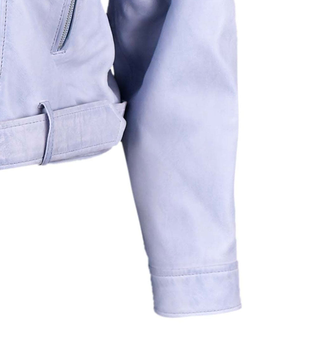 Women Blue Cropped Biker Leather Jacket