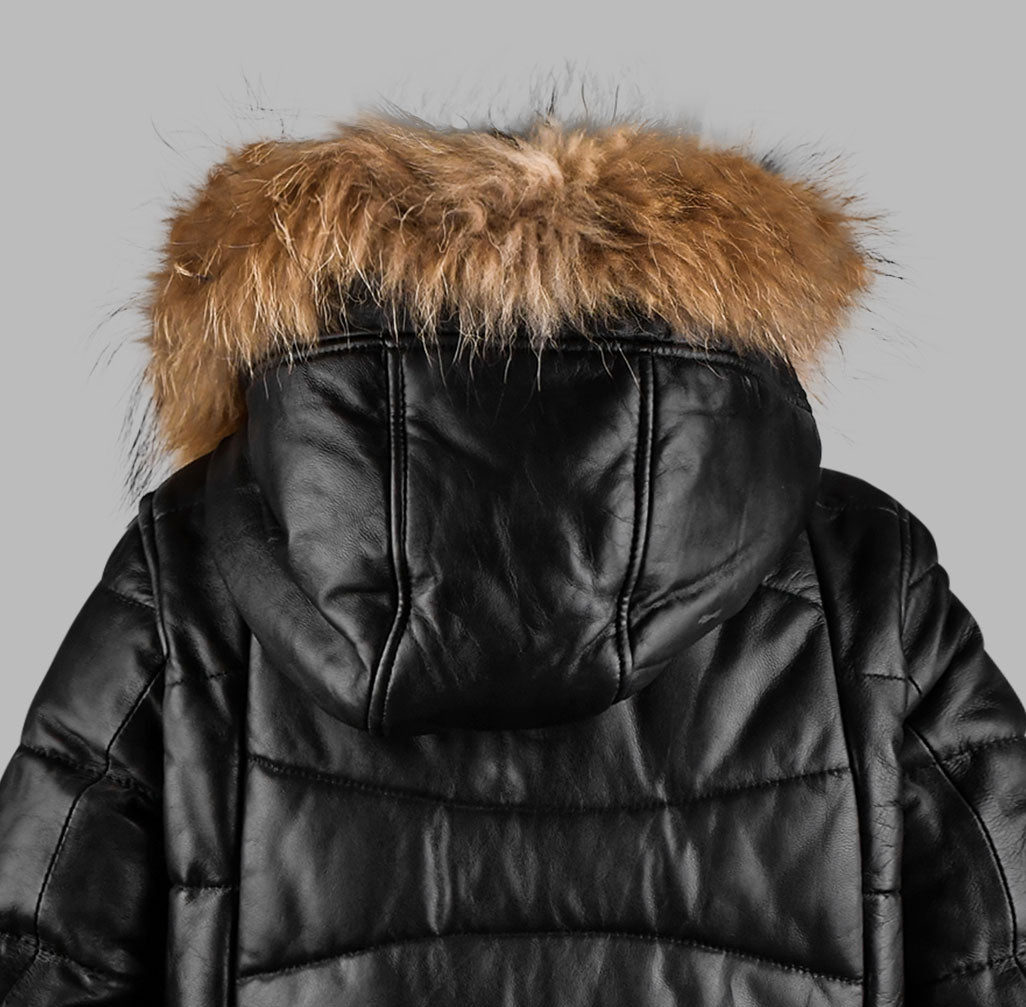Frosted Hooded Leather Puffer Jacket - Winter Jacket