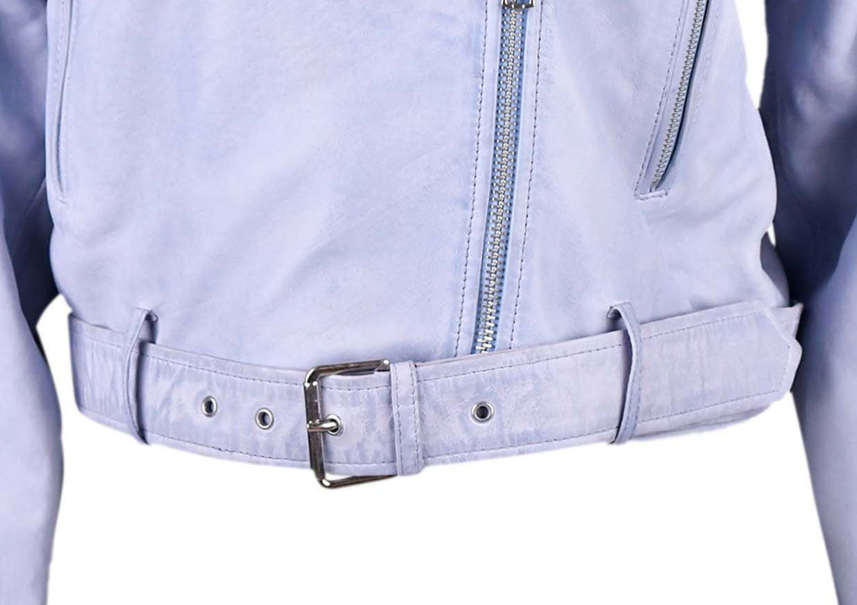 Women Blue Cropped Biker Leather Jacket