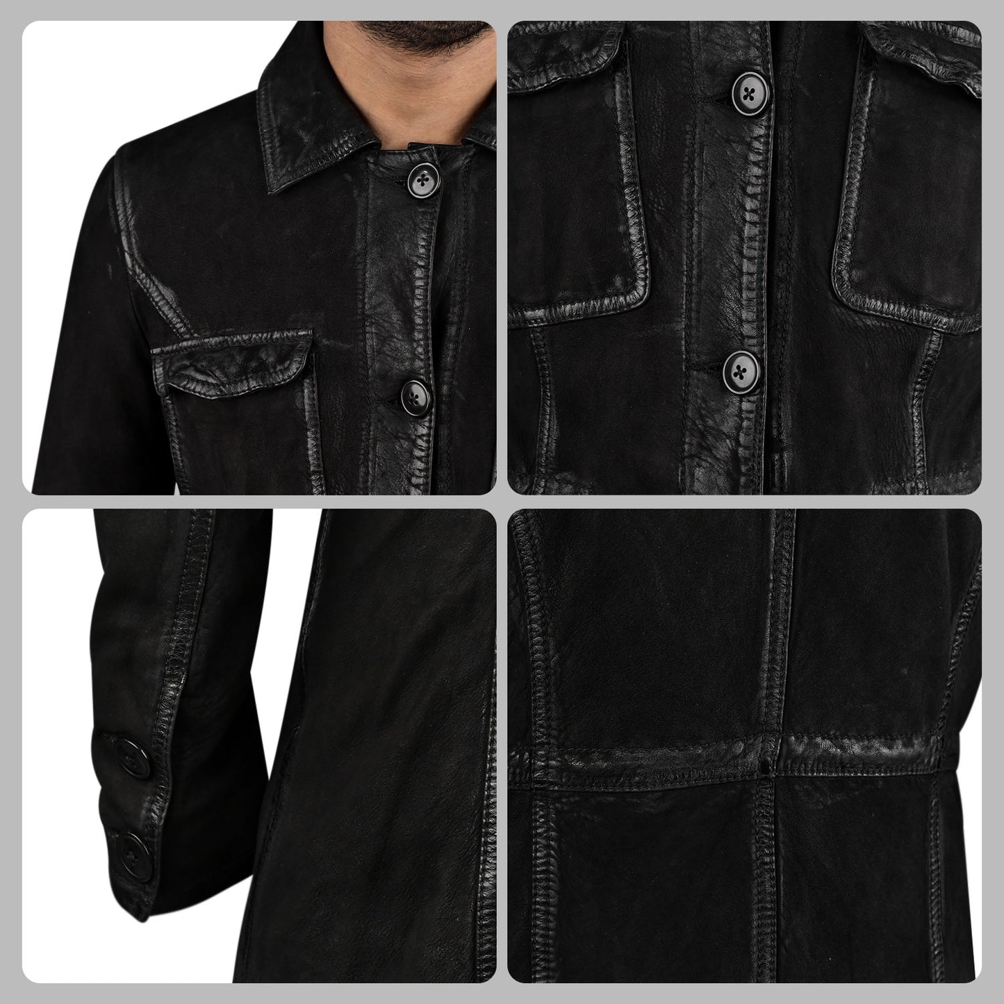 Suede Black Leather Trench Coat