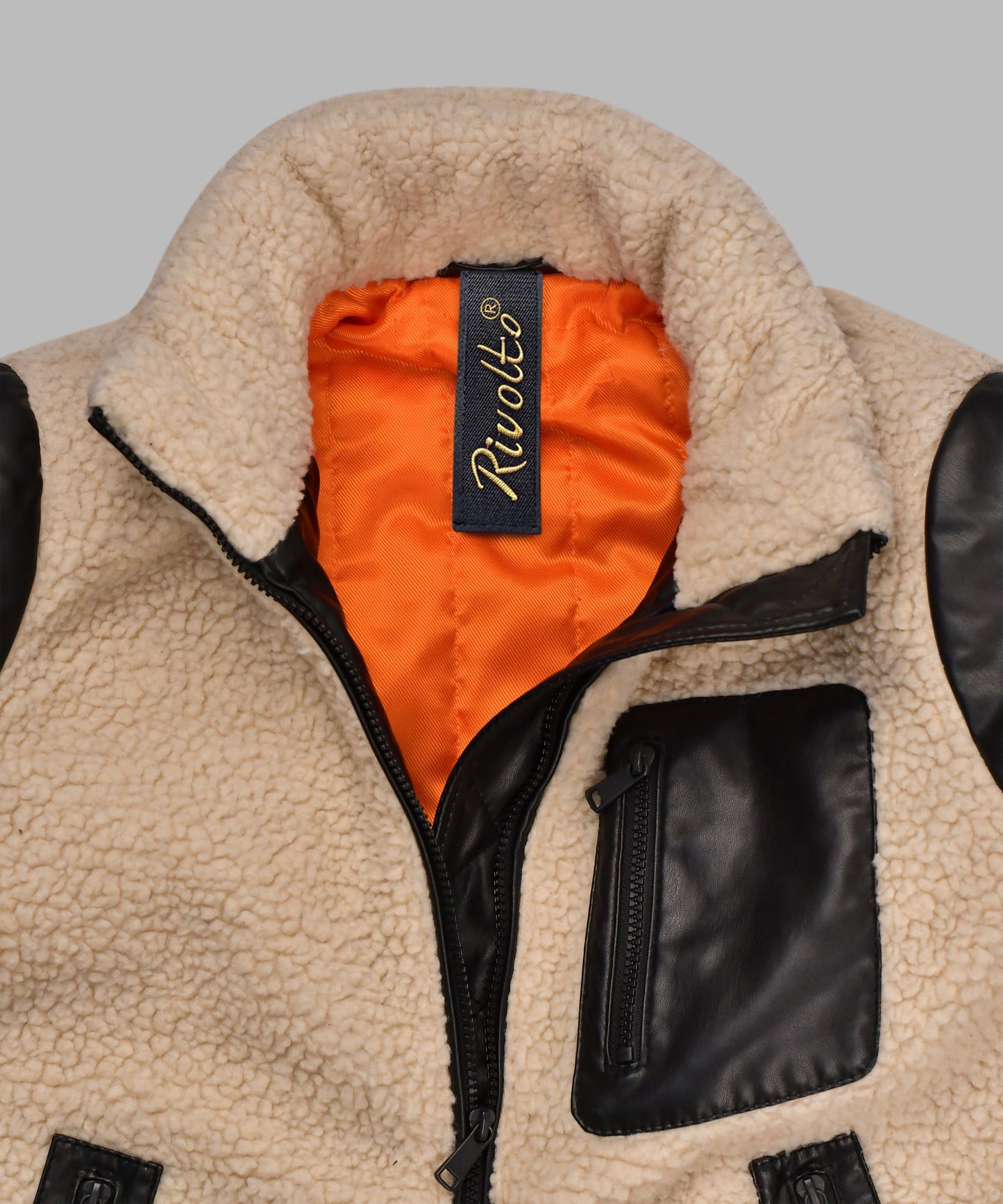 Sherpa Fleece Jacket with Black Leather Sleeves