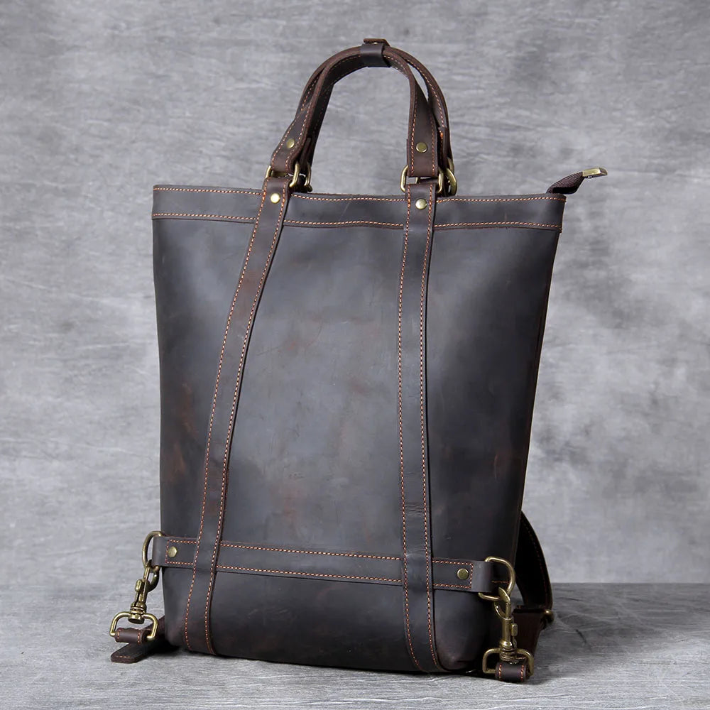 Unisex Leather Convertible Backpack and Shoulder Bag