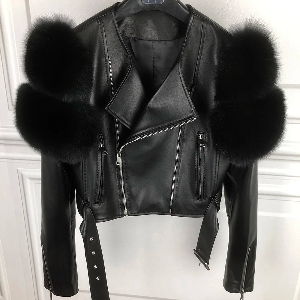 Womens Cropped Leather Jacket with Fur Sleeve