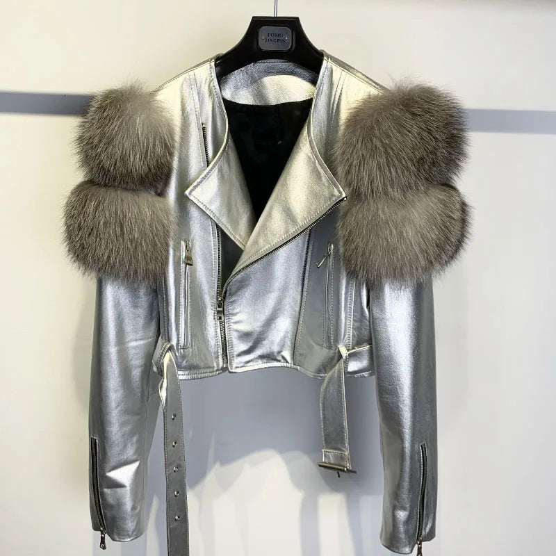 Womens Cropped Leather Jacket with Fur Sleeve