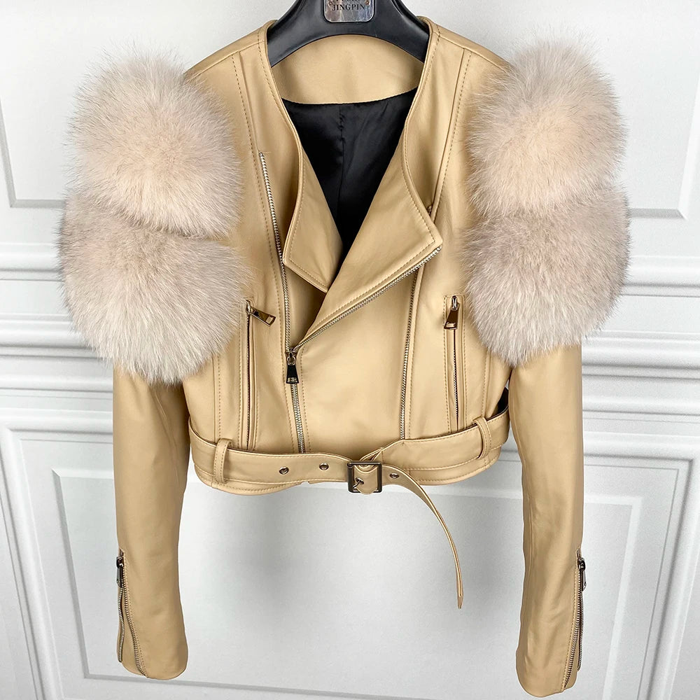 Womens Cropped Leather Jacket with Fur Sleeve