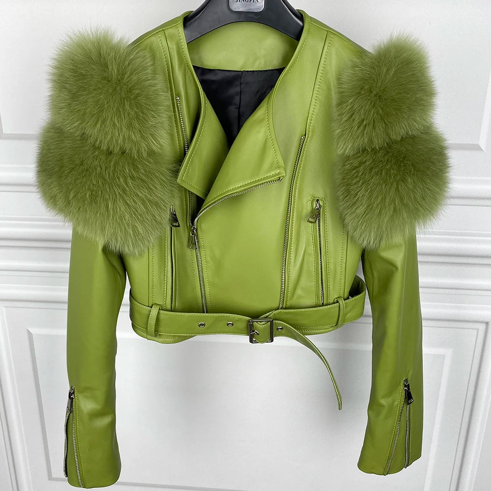 Womens Cropped Leather Jacket with Fur Sleeve