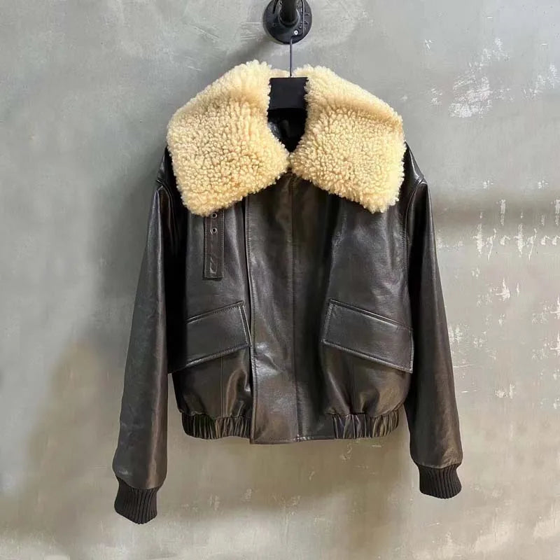 Black Leather Jacket Fur Collar Women