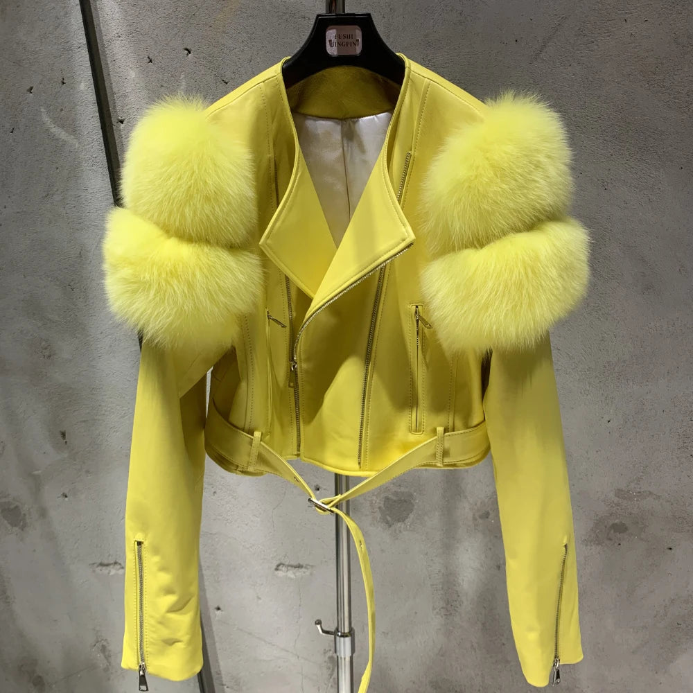 Womens Cropped Leather Jacket with Fur Sleeve