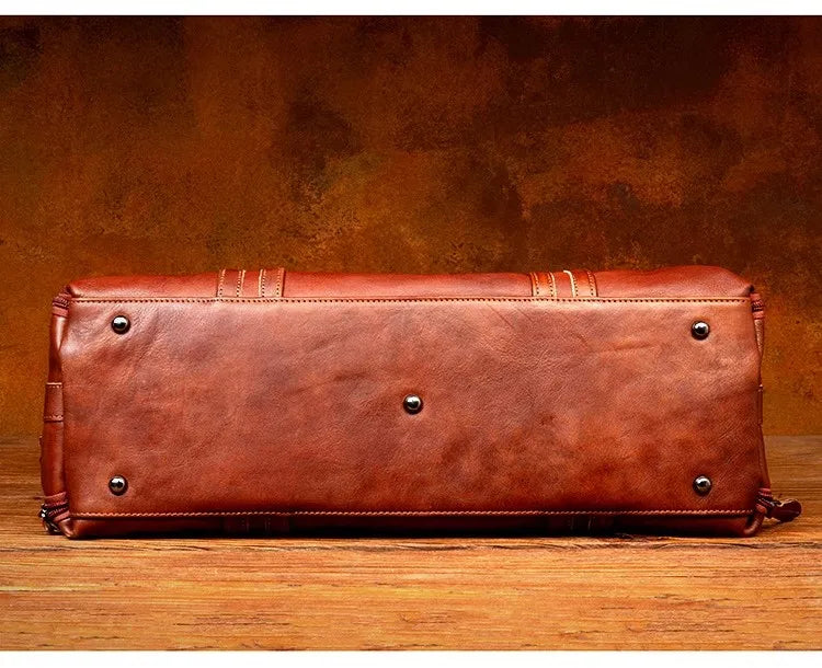 Unisex Redish Brown Leather Duffle Bag Carry On