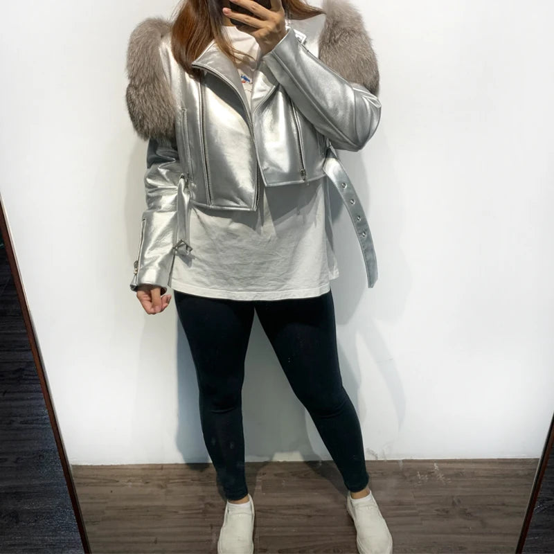 Womens Cropped Leather Jacket with Fur Sleeve