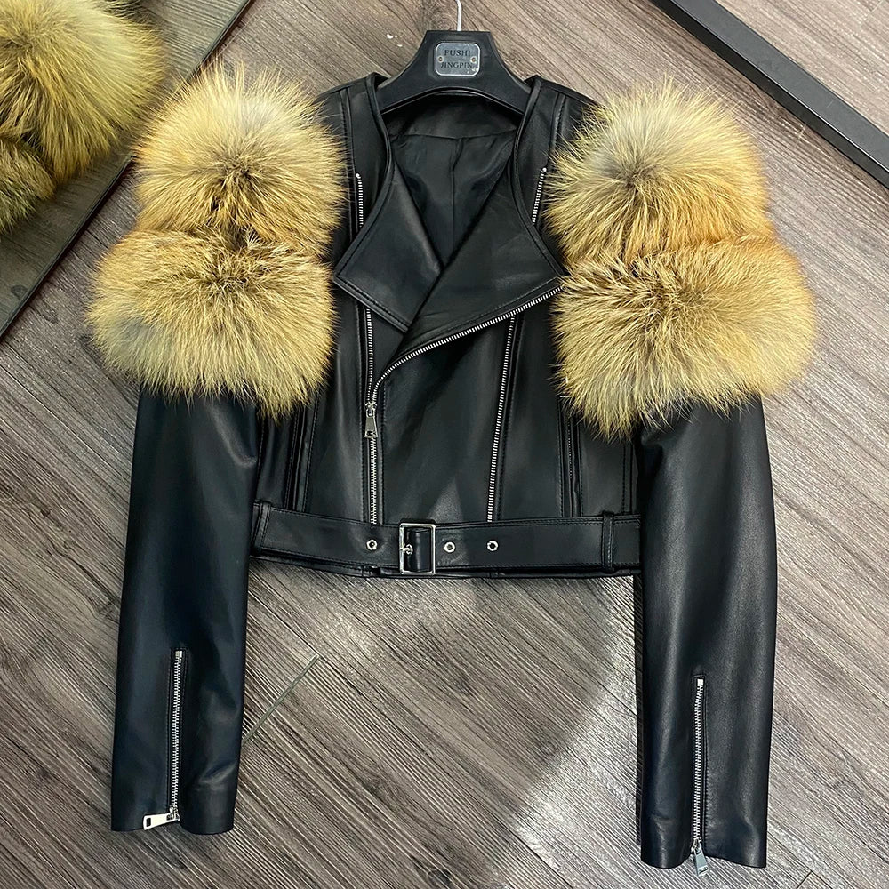Womens Cropped Leather Jacket with Fur Sleeve