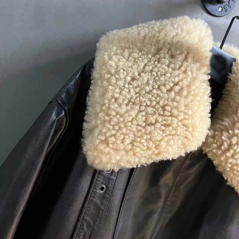 Black Leather Jacket Fur Collar Women