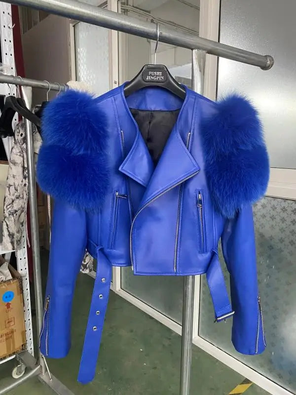 Womens Cropped Leather Jacket with Fur Sleeve