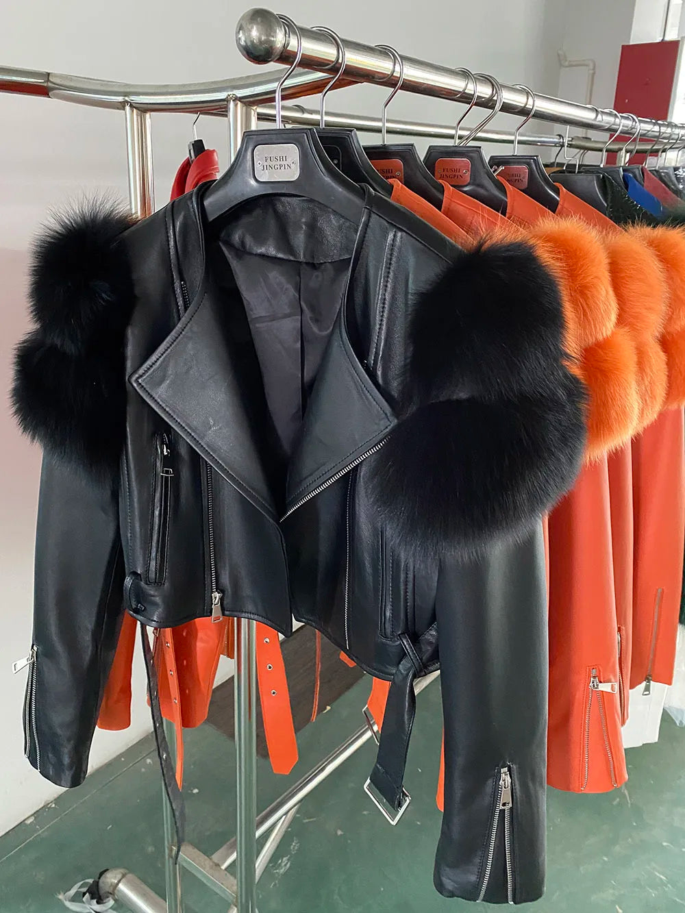 Womens Cropped Leather Jacket with Fur Sleeve