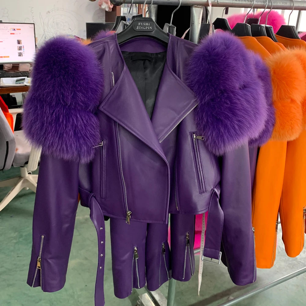 Womens Cropped Leather Jacket with Fur Sleeve