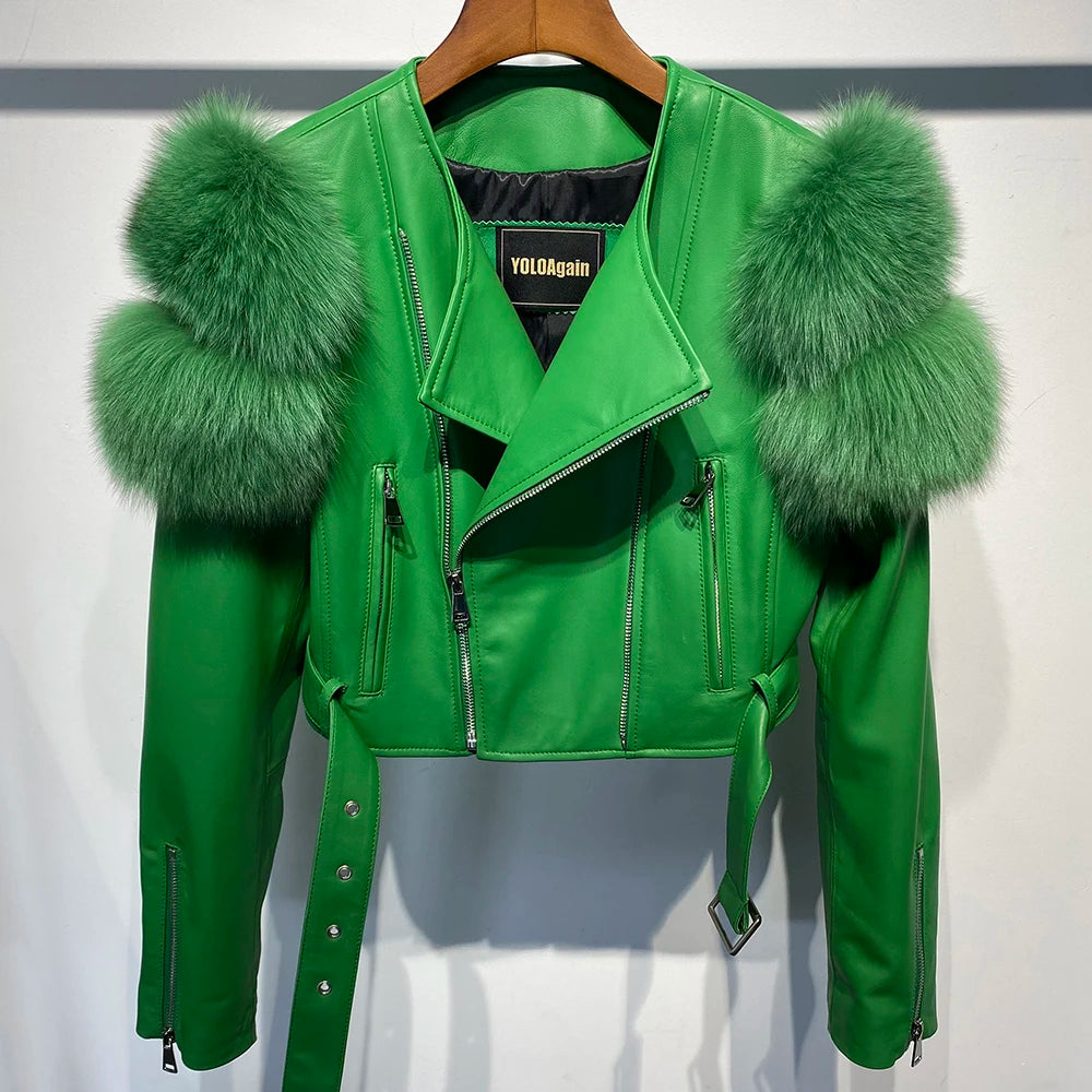 Womens Cropped Leather Jacket with Fur Sleeve