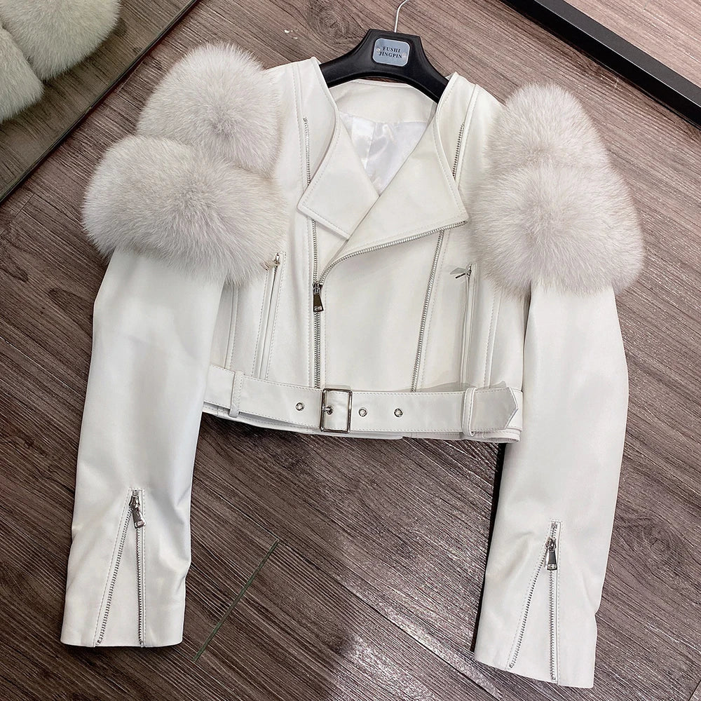 Womens Cropped Leather Jacket with Fur Sleeve