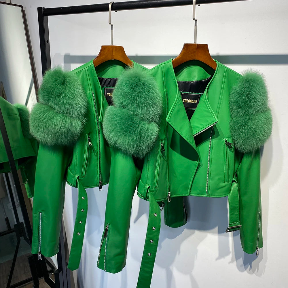 Womens Cropped Leather Jacket with Fur Sleeve