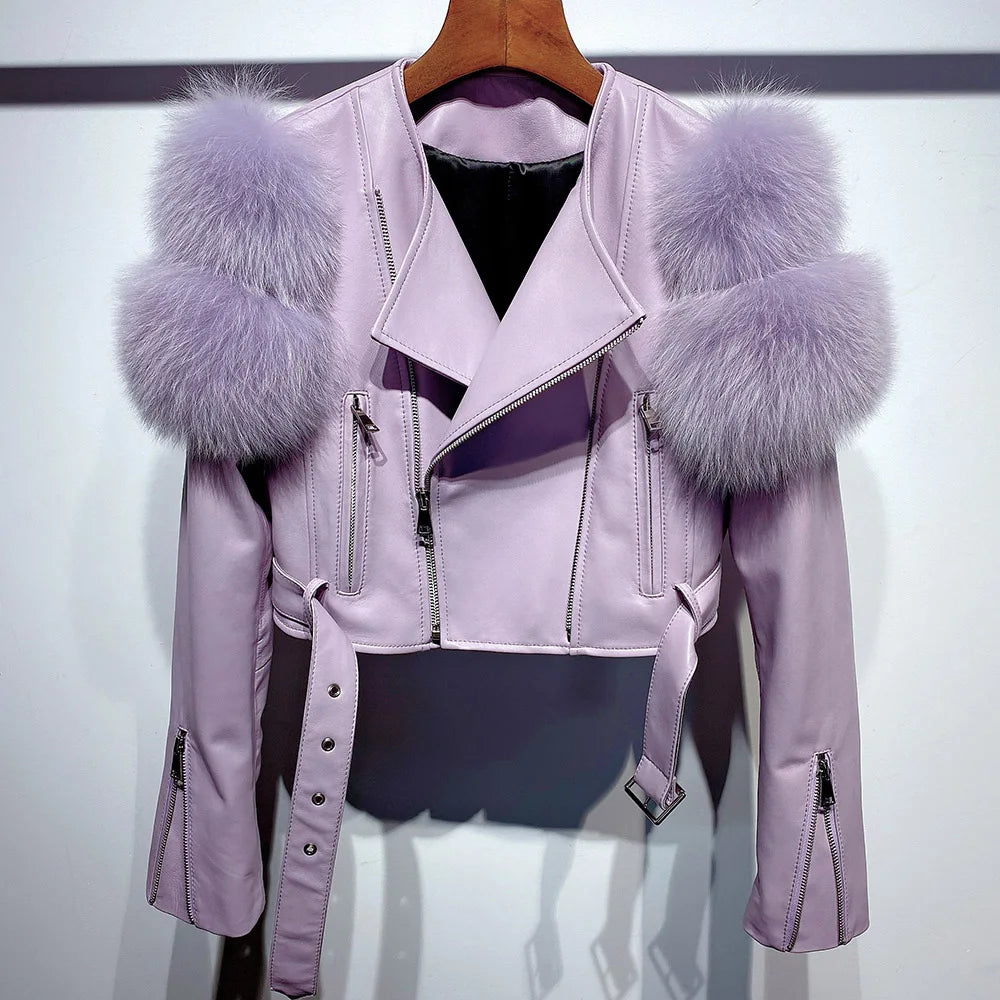 Womens Cropped Leather Jacket with Fur Sleeve