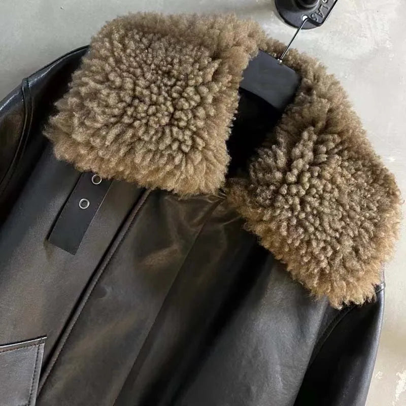 Black Leather Jacket Fur Collar Women