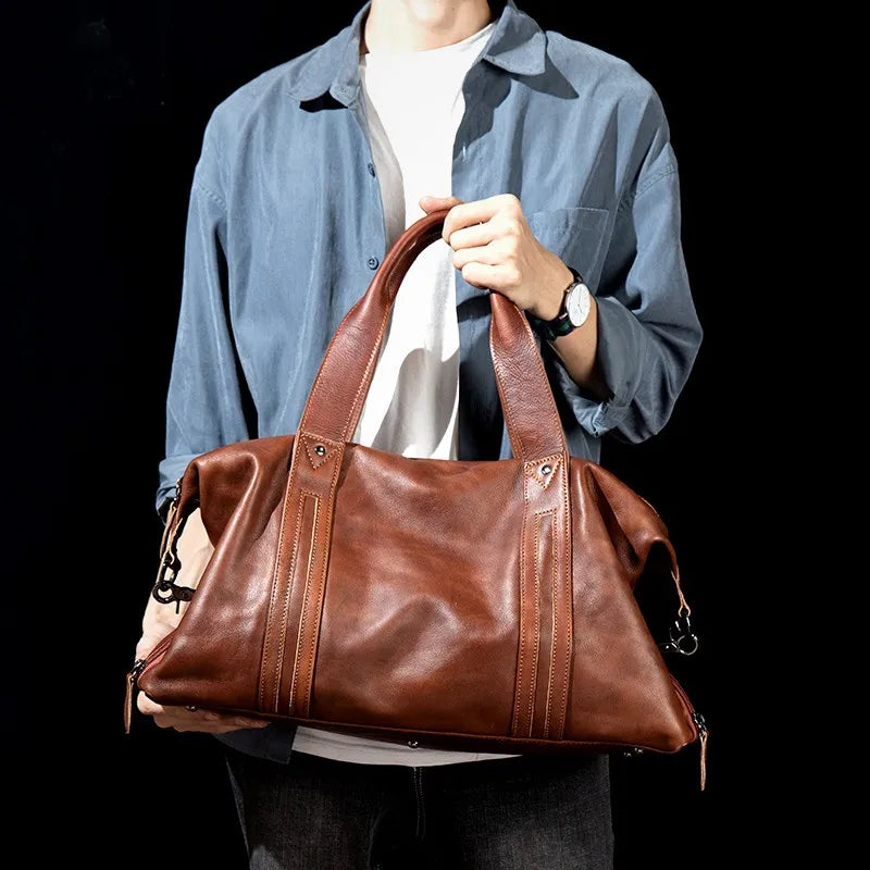 Unisex Redish Brown Leather Duffle Bag Carry On