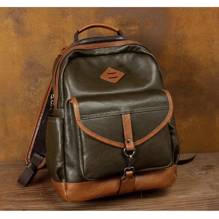 Unisex Buttery Soft Army Green Leather Backpacks - Large Capicity Bag