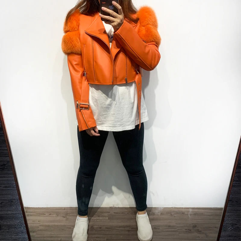 Womens Cropped Leather Jacket with Fur Sleeve