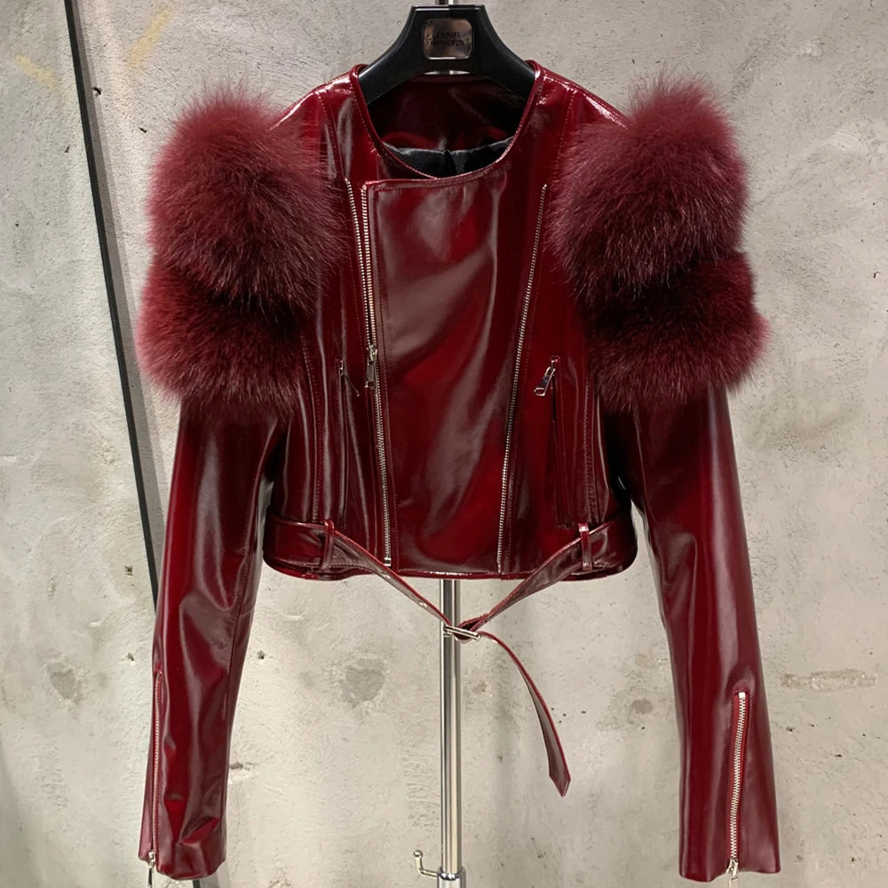 Womens Cropped Leather Jacket with Fur Sleeve