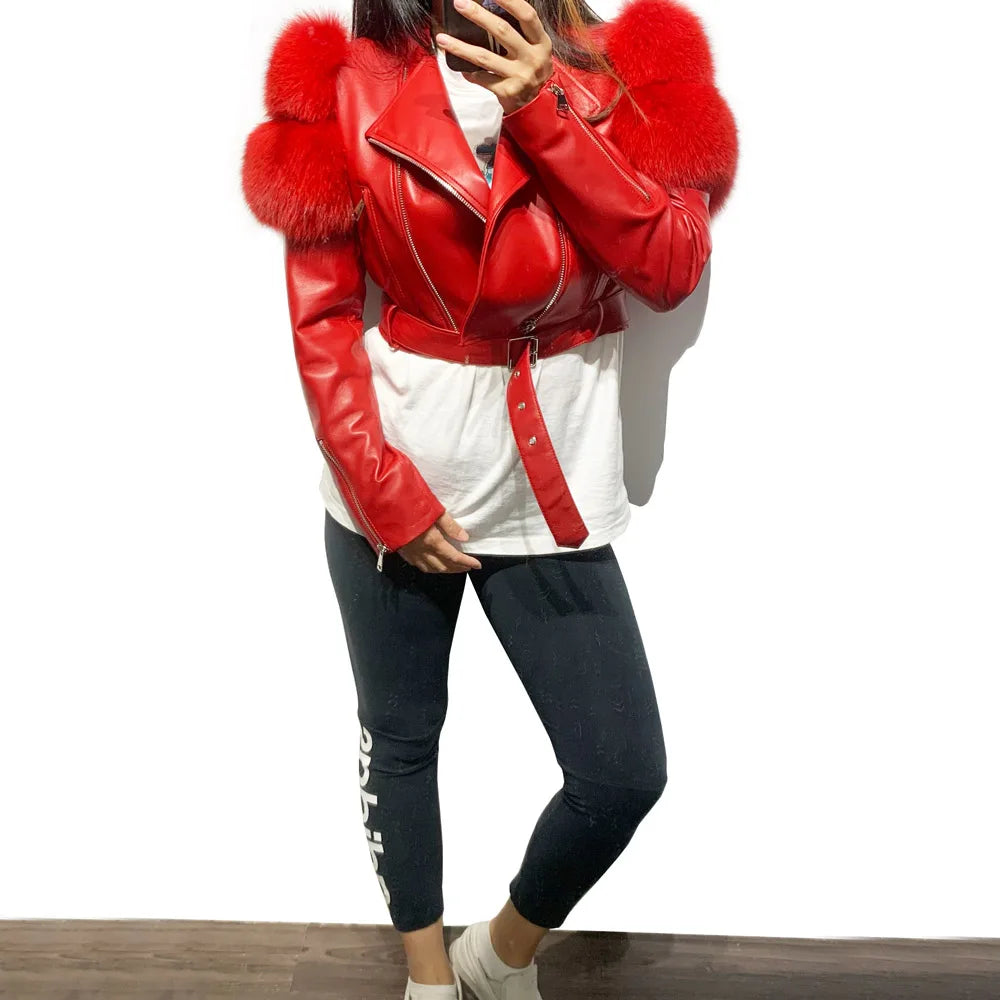 Womens Cropped Leather Jacket with Fur Sleeve