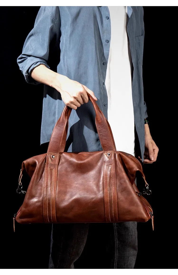 Unisex Redish Brown Leather Duffle Bag Carry On